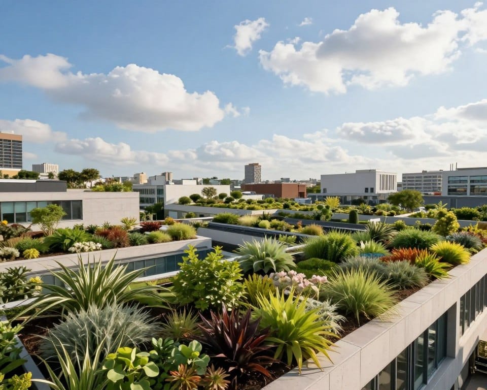 A vibrant urban scene focusing on a vegetated roof system designed for stormwater capture and reuse. In the foreground, lush greenery and diverse plants thrive on a flat, modern rooftop garden, showcasing innovative water management solutions. The middle ground features a diverse city skyline, with buildings showcasing other sustainable features, all bathed in warm, natural light. In the background, fluffy white clouds drift across a bright blue sky, hinting at recent rainfall. The atmosphere is serene and optimistic, highlighting the potential of green architecture for urban environments. The image should be captured at a slightly elevated angle to emphasize the sprawling green roof. High detail and sharp focus on the plants, with natural colors creating an inviting and sustainable vision of urban living. A vibrant urban scene focusing on a vegetated roof system designed for stormwater capture and reuse. In the foreground, lush greenery and diverse plants thrive on a flat, modern rooftop garden, showcasing innovative water management solutions. The middle ground features a diverse city skyline, with buildings showcasing other sustainable features, all bathed in warm, natural light. In the background, fluffy white clouds drift across a bright blue sky, hinting at recent rainfall. The atmosphere is serene and optimistic, highlighting the potential of green architecture for urban environments. The image should be captured at a slightly elevated angle to emphasize the sprawling green roof. High detail and sharp focus on the plants, with natural colors creating an inviting and sustainable vision of urban living.