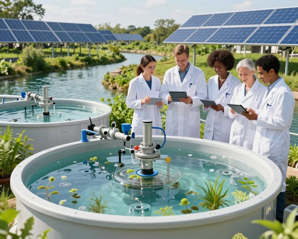 A vivid illustration of resource recovery in decentralized water treatment systems. In the foreground, showcase a high-tech wastewater treatment unit with clear tanks demonstrating the filtration process. Include tiny aquatic plants and microorganisms engaged in natural filtration, emphasizing sustainability. In the middle ground, depict a collaborative team of diverse scientists in professional attire analyzing data on tablets, surrounded by greenery that symbolizes environmental integration. The background should feature a serene landscape with gentle water flow and solar panels reflecting renewable energy. Soft, natural lighting illuminates the scene, enhancing the feeling of innovation and harmony with nature. Capture this scene with a wide-angle lens to highlight both the technology and the surrounding environment, conveying a mood of hopefulness and progress in sustainable practices.