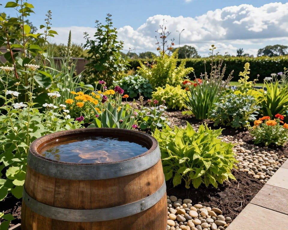 A well-designed rain barrel situated next to a lush rain garden filled with diverse native plants and flowers. In the foreground, the barrel, made of rustic wood, is partially filled with clear rainwater, reflecting sunlight. The middle ground showcases a vibrant rain garden with textures of green foliage, colorful blooms, and small pebbles creating an inviting landscape. The background features a clear blue sky with soft, fluffy clouds, suggesting a pleasant day. Side lighting casts gentle shadows, enhancing the natural beauty of the scene. Capture the essence of sustainable gardening with a focus on harmony between water conservation and ecological aesthetics, showcasing nature's beauty in high detail and sharp focus. A well-designed rain barrel situated next to a lush rain garden filled with diverse native plants and flowers. In the foreground, the barrel, made of rustic wood, is partially filled with clear rainwater, reflecting sunlight. The middle ground showcases a vibrant rain garden with textures of green foliage, colorful blooms, and small pebbles creating an inviting landscape. The background features a clear blue sky with soft, fluffy clouds, suggesting a pleasant day. Side lighting casts gentle shadows, enhancing the natural beauty of the scene. Capture the essence of sustainable gardening with a focus on harmony between water conservation and ecological aesthetics, showcasing nature's beauty in high detail and sharp focus.