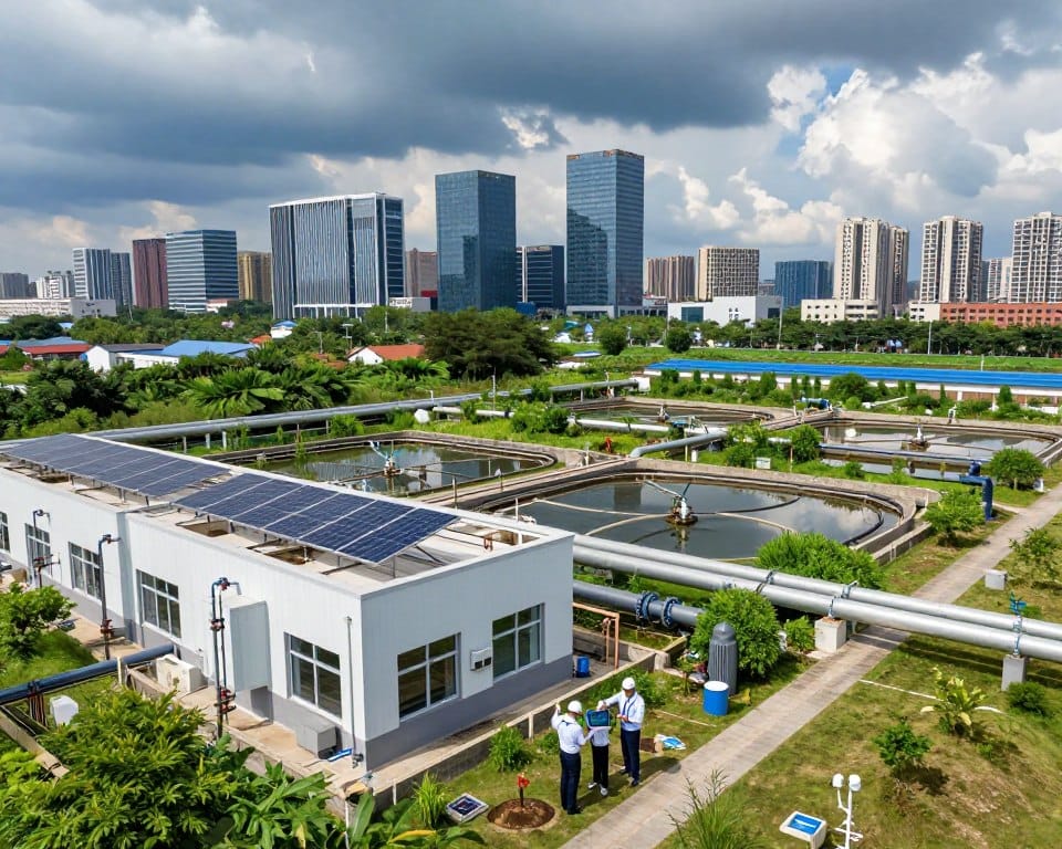 An urban landscape illustrating the impact of climate change on water systems. In the foreground, a contemporary water treatment facility nestled among greenery, with engineers in professional attire analyzing data on digital tablets. The middle ground features a network of pipes and aqueducts, overgrown with vegetation, reflecting neglected infrastructure. Windows and rooftops are adorned with solar panels and rainwater collection systems. In the background, a skyline of modern skyscrapers contrasts with dark storm clouds and occasional rays of sunlight breaking through. The atmosphere is tense yet hopeful, conveying the urgency of innovation in urban water planning. The scene is bathed in natural light, emphasizing the sharp details of the facilities and the surrounding greenery, captured with a wide-angle lens for dramatic effect.