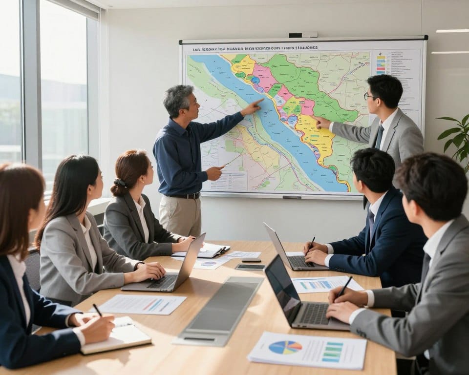 Illustrate a river basin organization meeting set in a modern conference room, with a large map of a river basin displayed in the background, showcasing multiple countries. In the foreground, diverse professionals in business attire are engaged in discussion, pointing at the map and taking notes. The middle ground features a round table with laptops, charts, and reports, emphasizing collaboration and innovation. The lighting is bright and natural, with large windows allowing sunlight to stream in, creating an optimistic mood. The angle captures the dynamic exchange of ideas, while the colors remain warm and inviting, reflecting a sense of urgency and cooperation in water governance.
